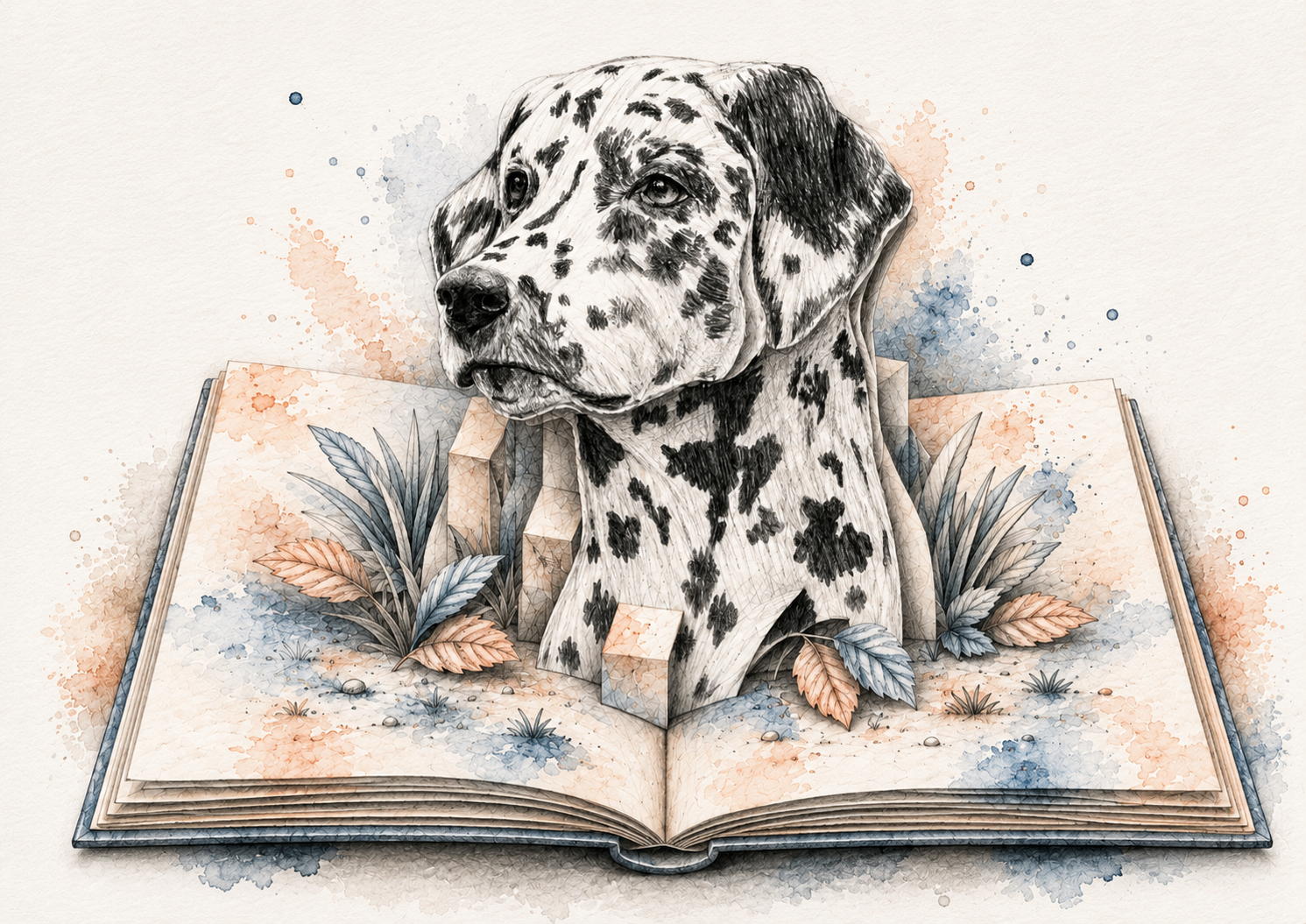 Dalmatian pencil and watercolour pop-up-book portrait